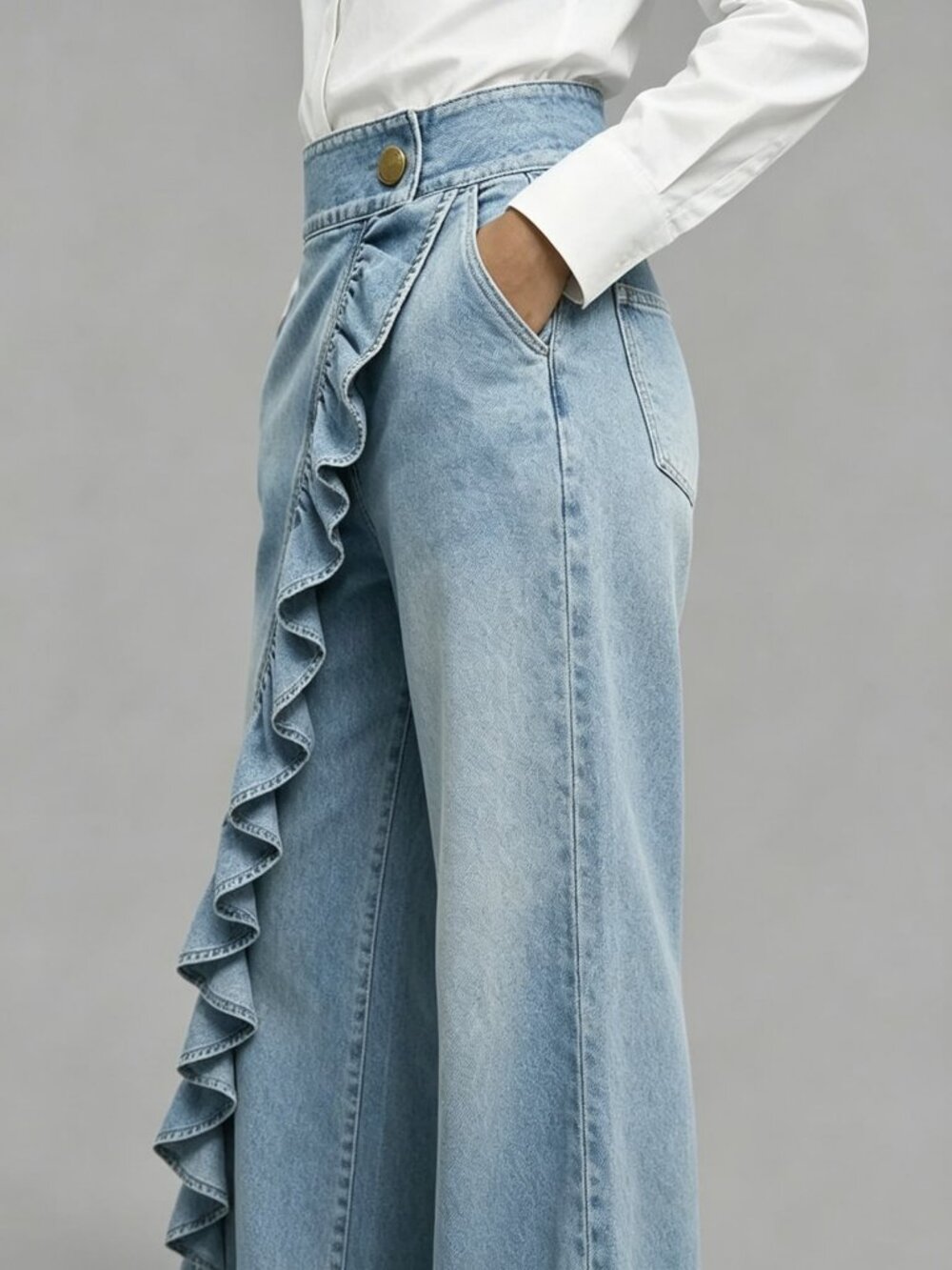 Light Blue Casual Women's Washed ruffle detailed Mid-Waist Straight Leg Jeans - Picture 2 of 8